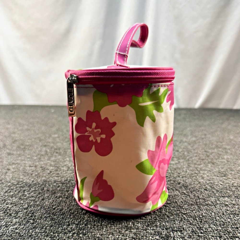 Clinique Floral Fabric Makeup Bag Pink White Green Round Zip w/ Handle
